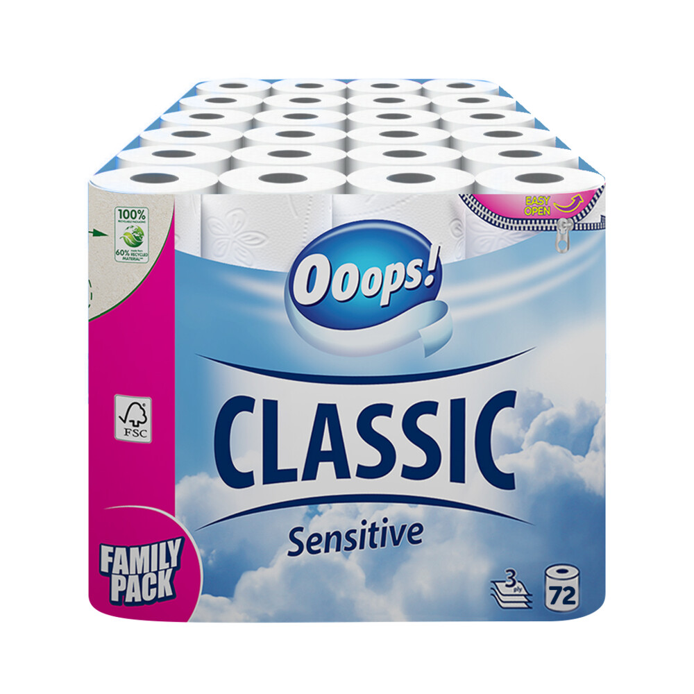 Product afbeelding van Ooops! Classic Sensitive toiletpapier - 3 laags - 72 rollen