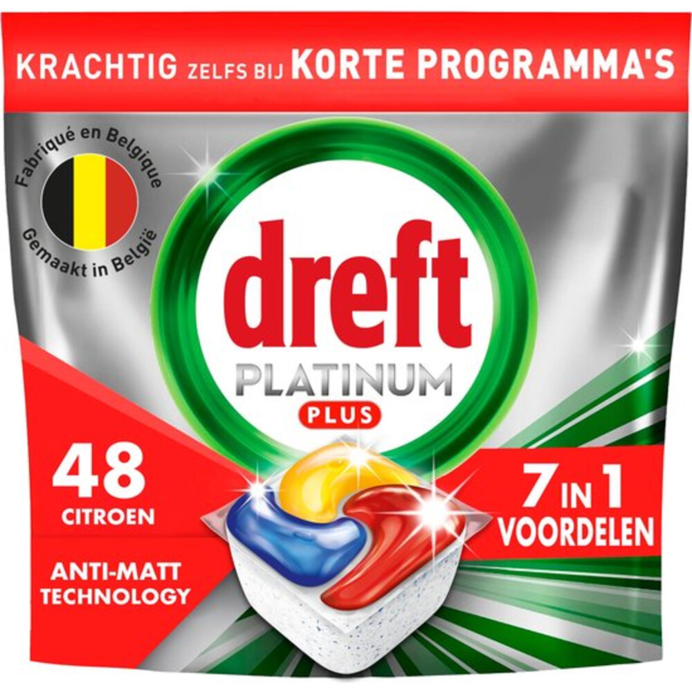 Product afbeelding van Dreft Vaatwastabletten Platinum Plus All-in-One - Anti-dofheidstechnologie - Citroen - 48 vaatwastabletten
